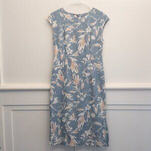 Majun Japan Floral Midi Dress M Blue White Peach Cap Sleeve Textured Vintage